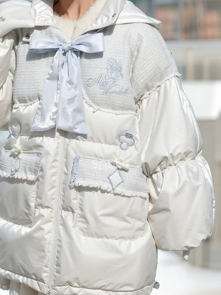 Alice in Wonderland Alice Tweed Patchwork White Hooded Down Jacket