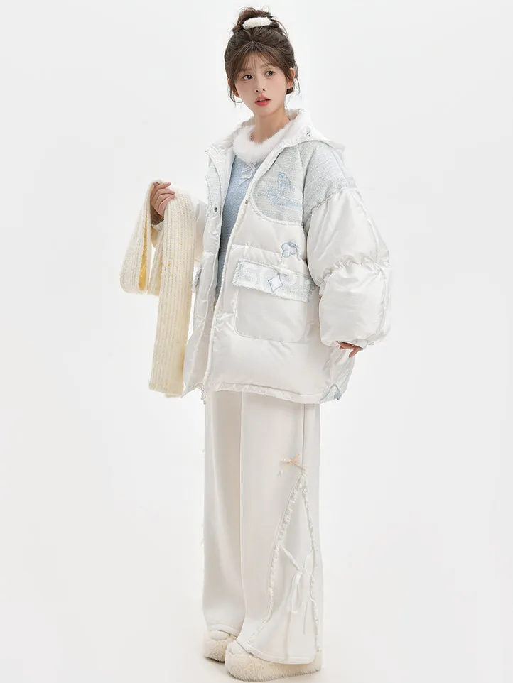 Alice in Wonderland Alice Tweed Patchwork White Hooded Down Jacket