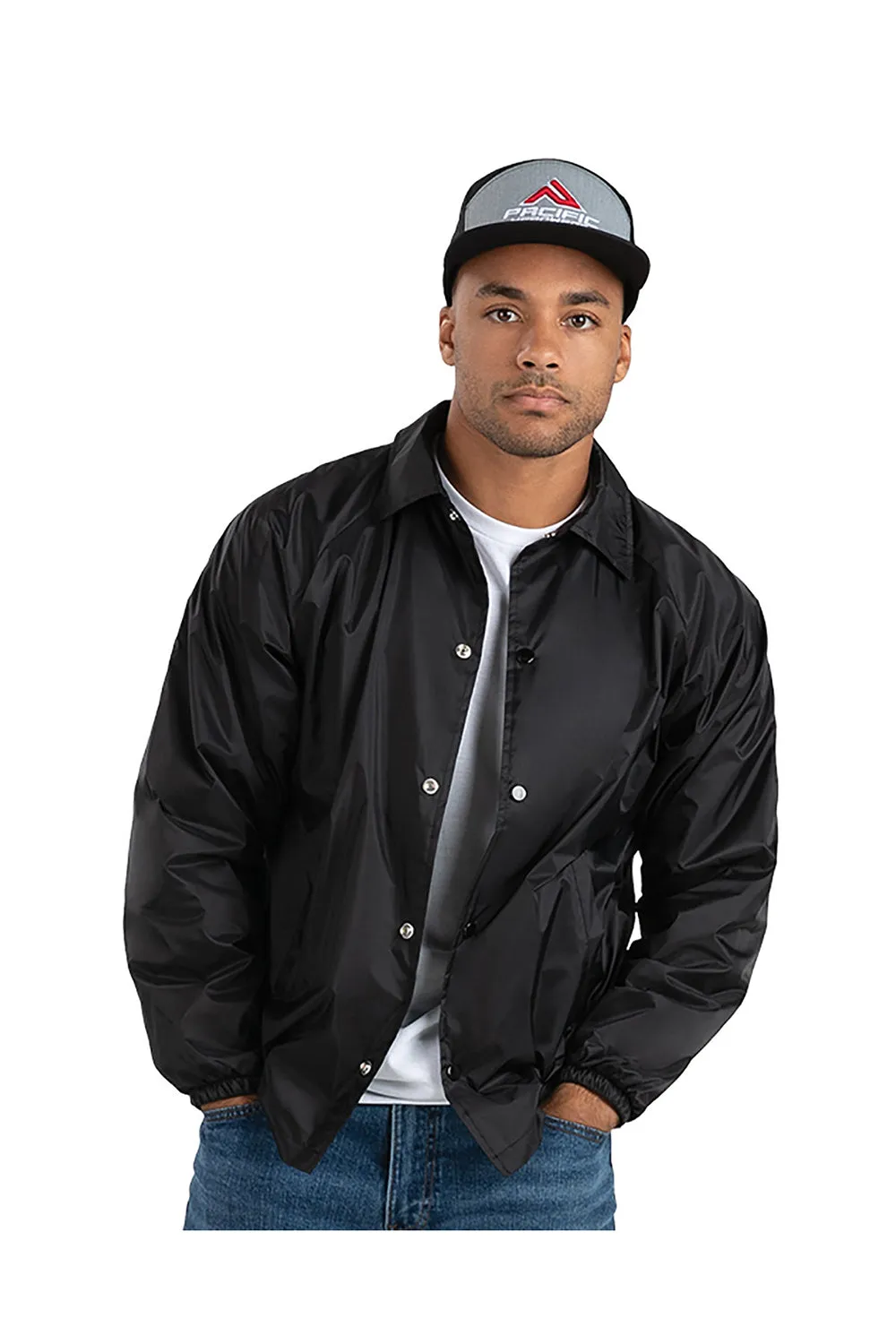 Augusta Sportswear Mens Water Resistant Snap Down Coaches Jacket - Black