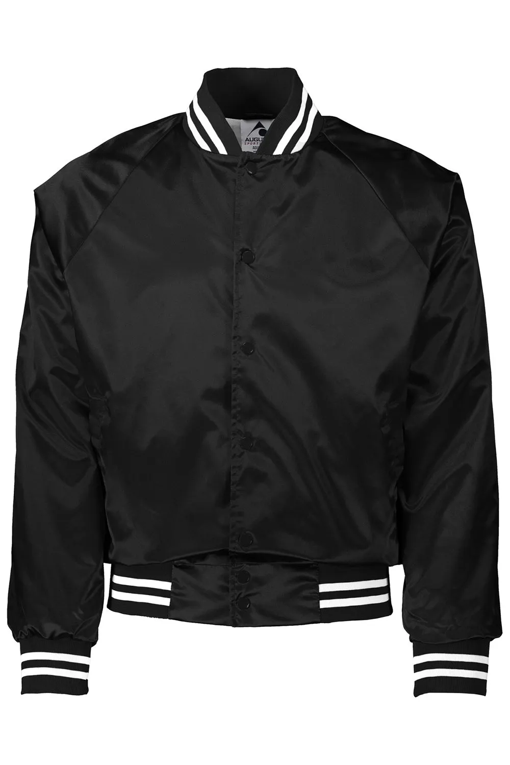 Augusta Sportswear Mens Water Resistant Snap Front Satin Baseball Jacket w/ Striped Trim - Black/White