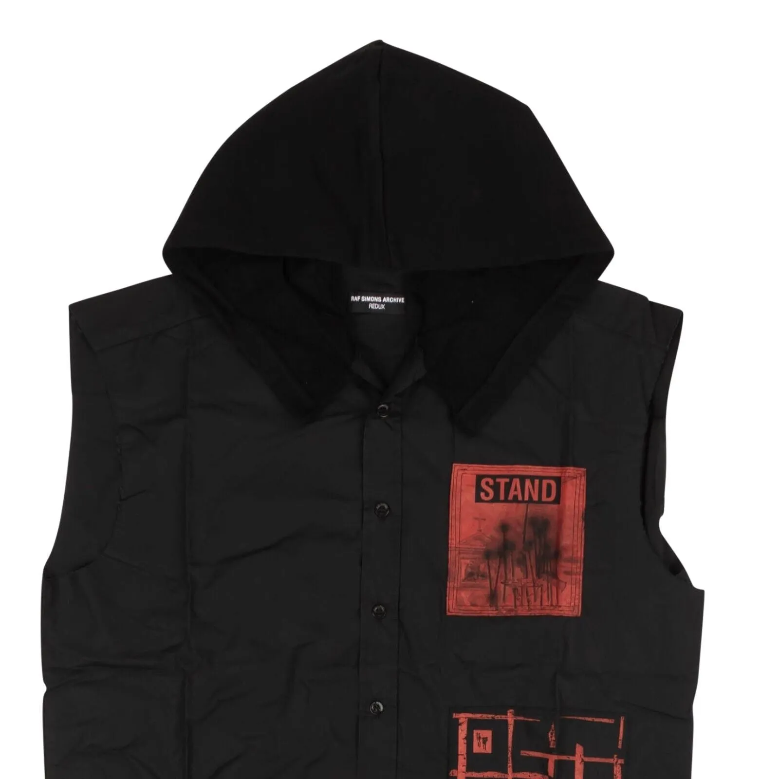 Black Sleeveless Hooded Patches Shirt