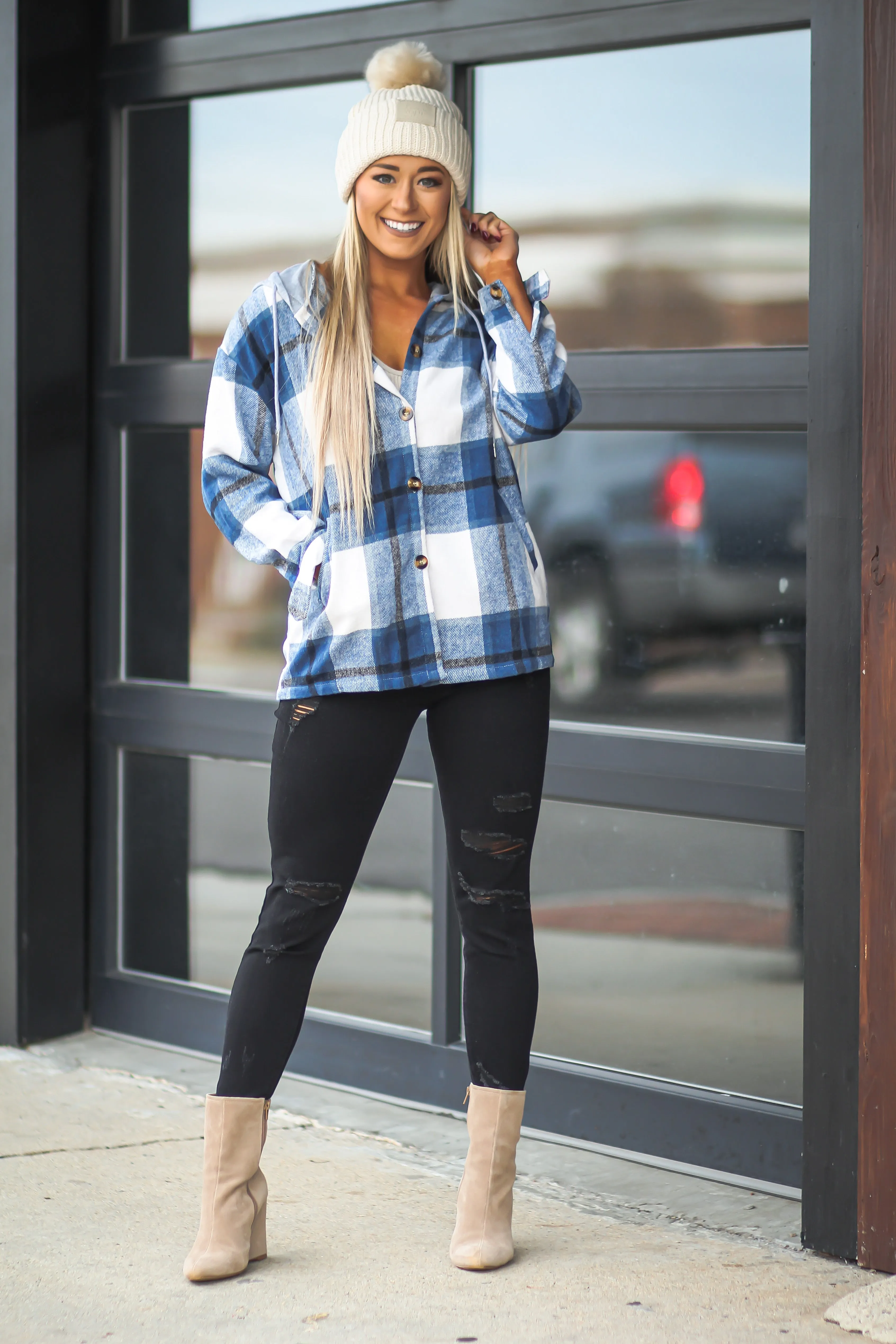 Deep Indigo Plaid Hooded Flannel