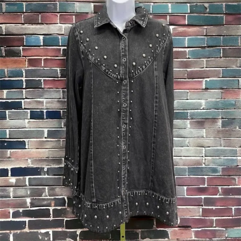 Free People Black Denim Studded Distressed Snap Closure Jacket M