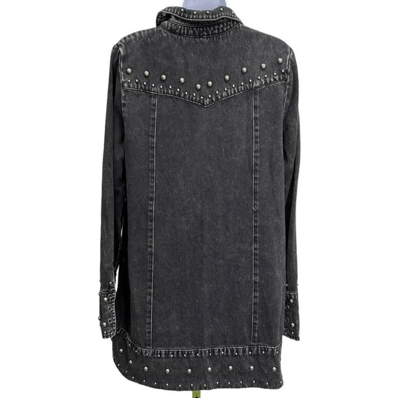 Free People Black Denim Studded Distressed Snap Closure Jacket M