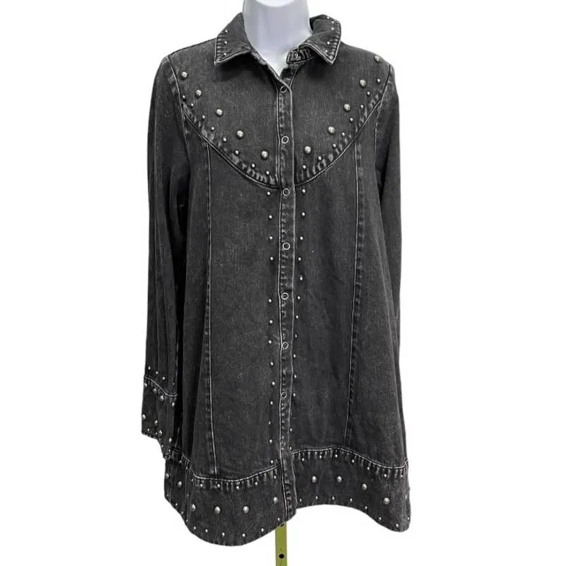 Free People Black Denim Studded Distressed Snap Closure Jacket M