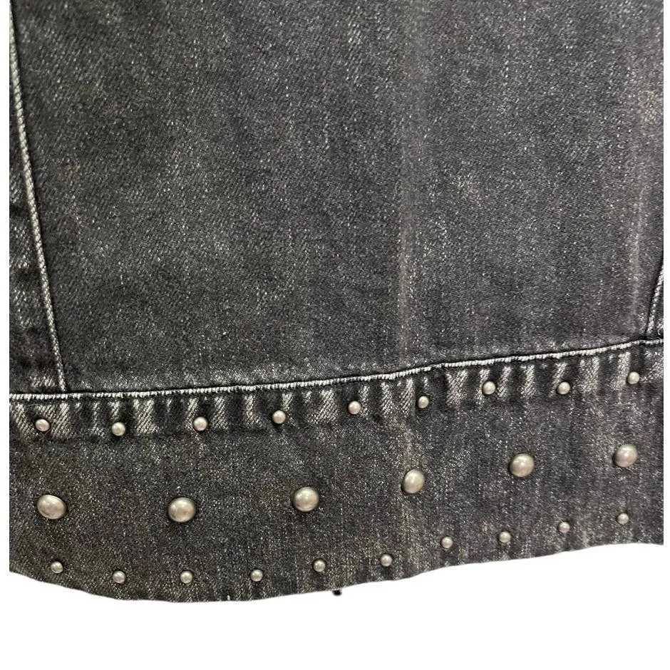 Free People Black Denim Studded Distressed Snap Closure Jacket M