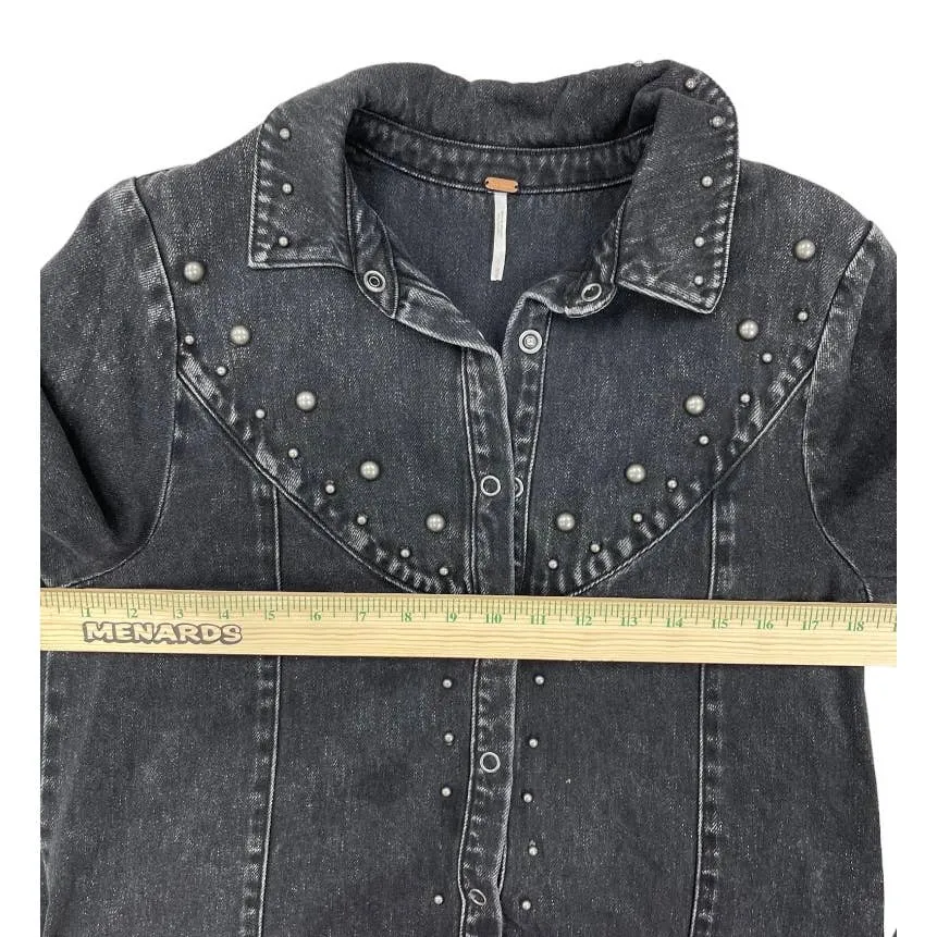 Free People Black Denim Studded Distressed Snap Closure Jacket M