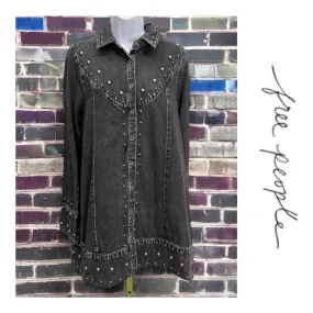 Free People Black Denim Studded Distressed Snap Closure Jacket M