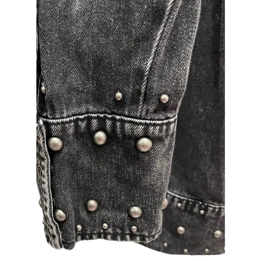 Free People Black Denim Studded Distressed Snap Closure Jacket M