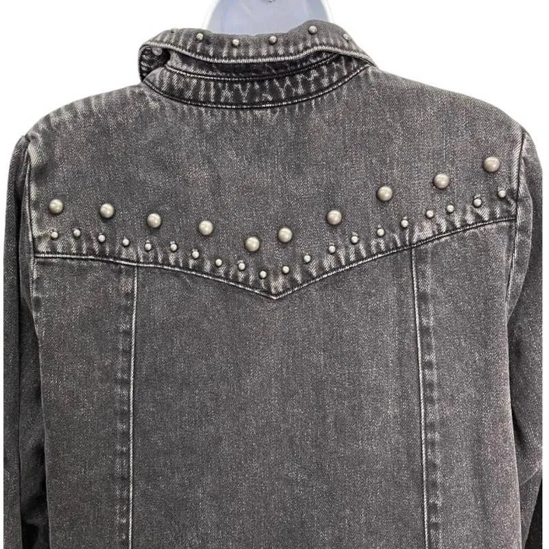 Free People Black Denim Studded Distressed Snap Closure Jacket M