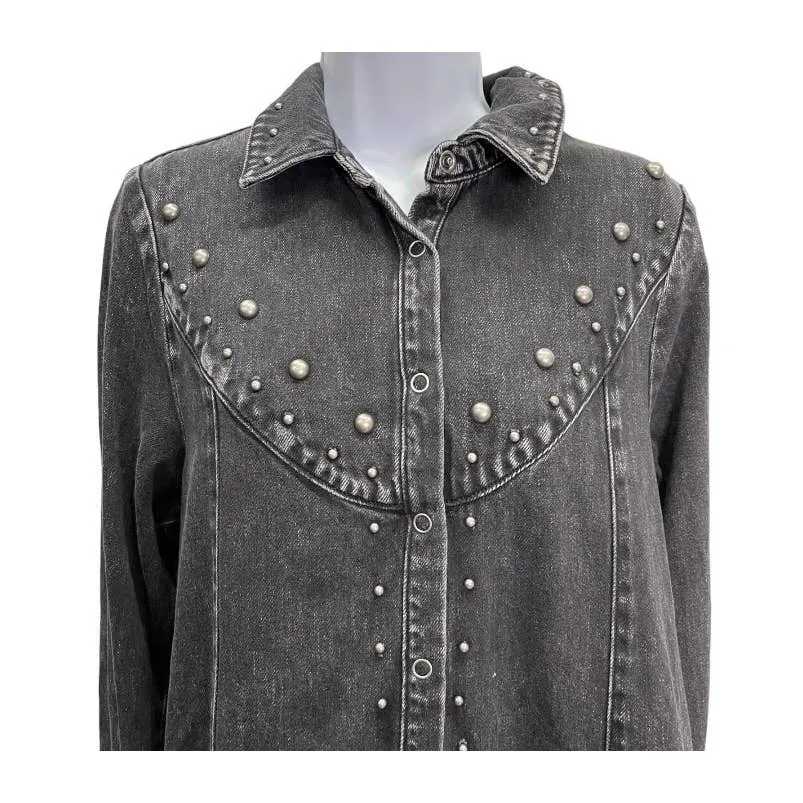 Free People Black Denim Studded Distressed Snap Closure Jacket M