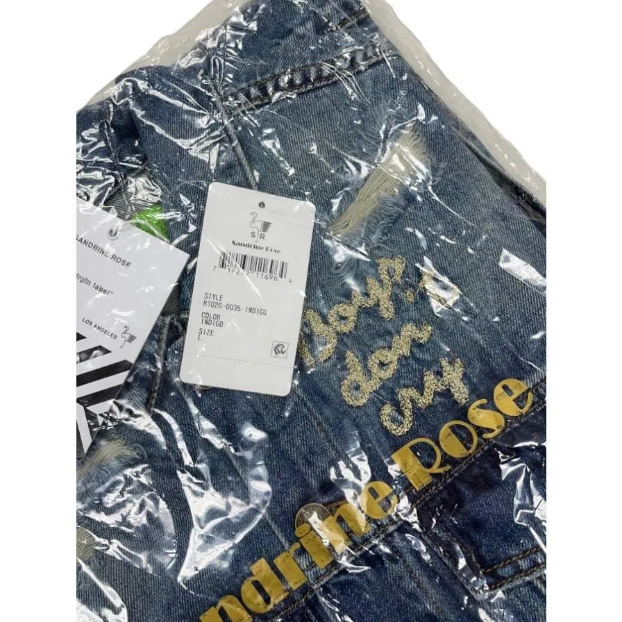Free People x Sandrine Rose Boys Don’t Cry Embroidered Distressed Denim Jean Jacket New Large