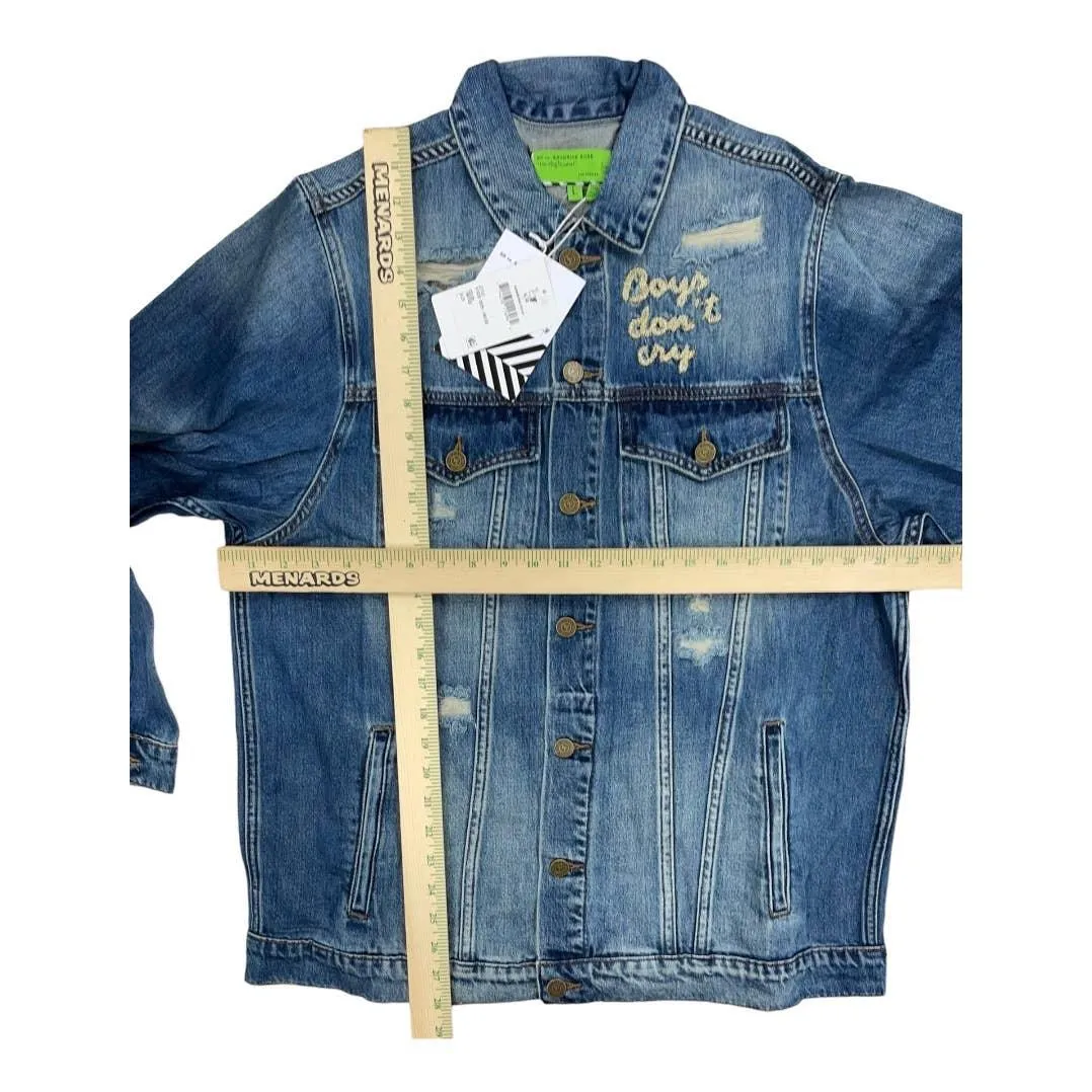 Free People x Sandrine Rose Boys Don’t Cry Embroidered Distressed Denim Jean Jacket New Large