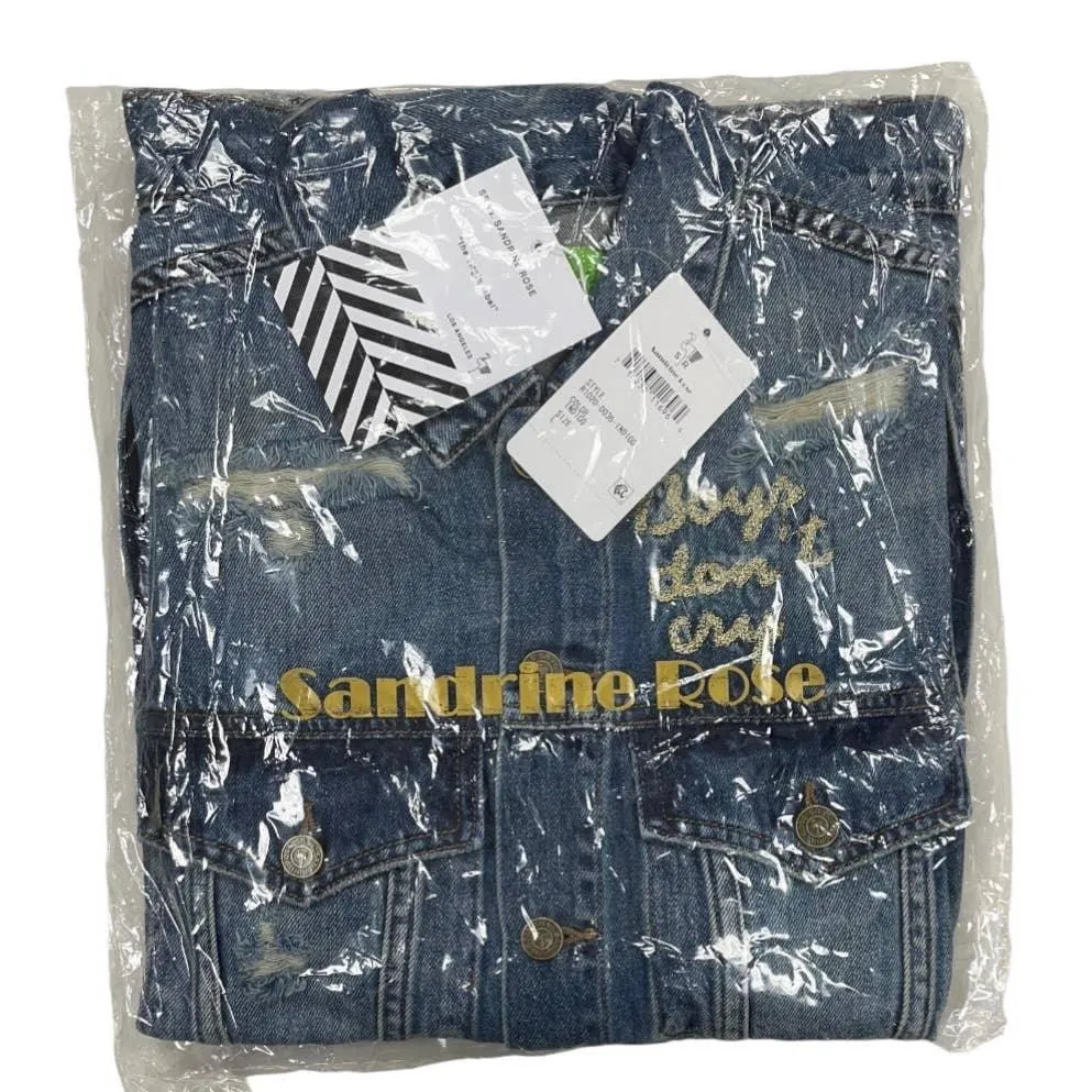 Free People x Sandrine Rose Boys Don’t Cry Embroidered Distressed Denim Jean Jacket New Large