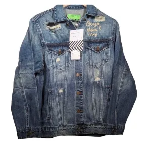 Free People x Sandrine Rose Boys Don’t Cry Embroidered Distressed Denim Jean Jacket New Large