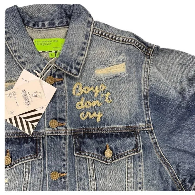 Free People x Sandrine Rose Boys Don’t Cry Embroidered Distressed Denim Jean Jacket New Large