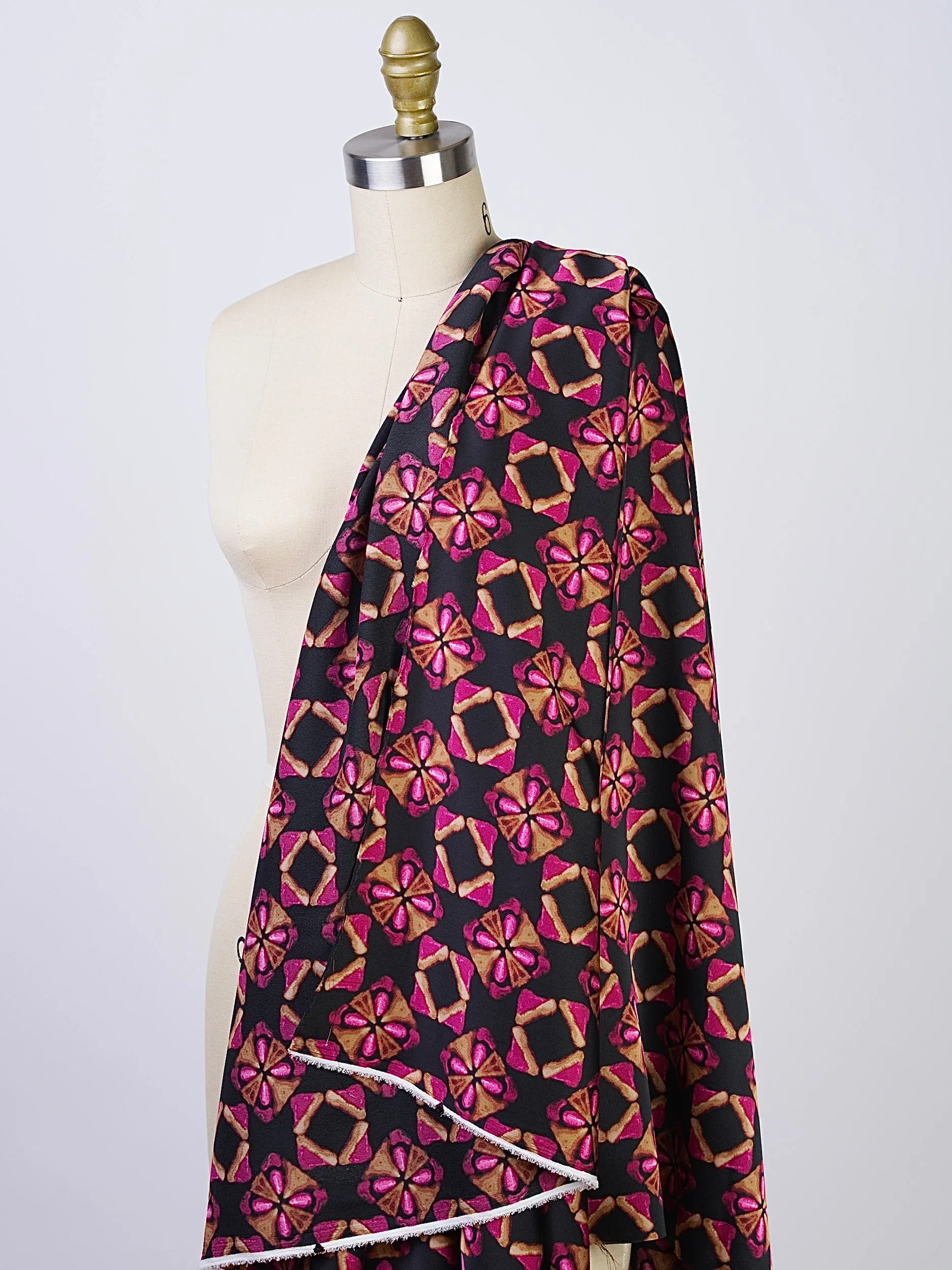 Hot pink gold and black jewels  silky  satin by the yard - Lightweight  satin  fabric -