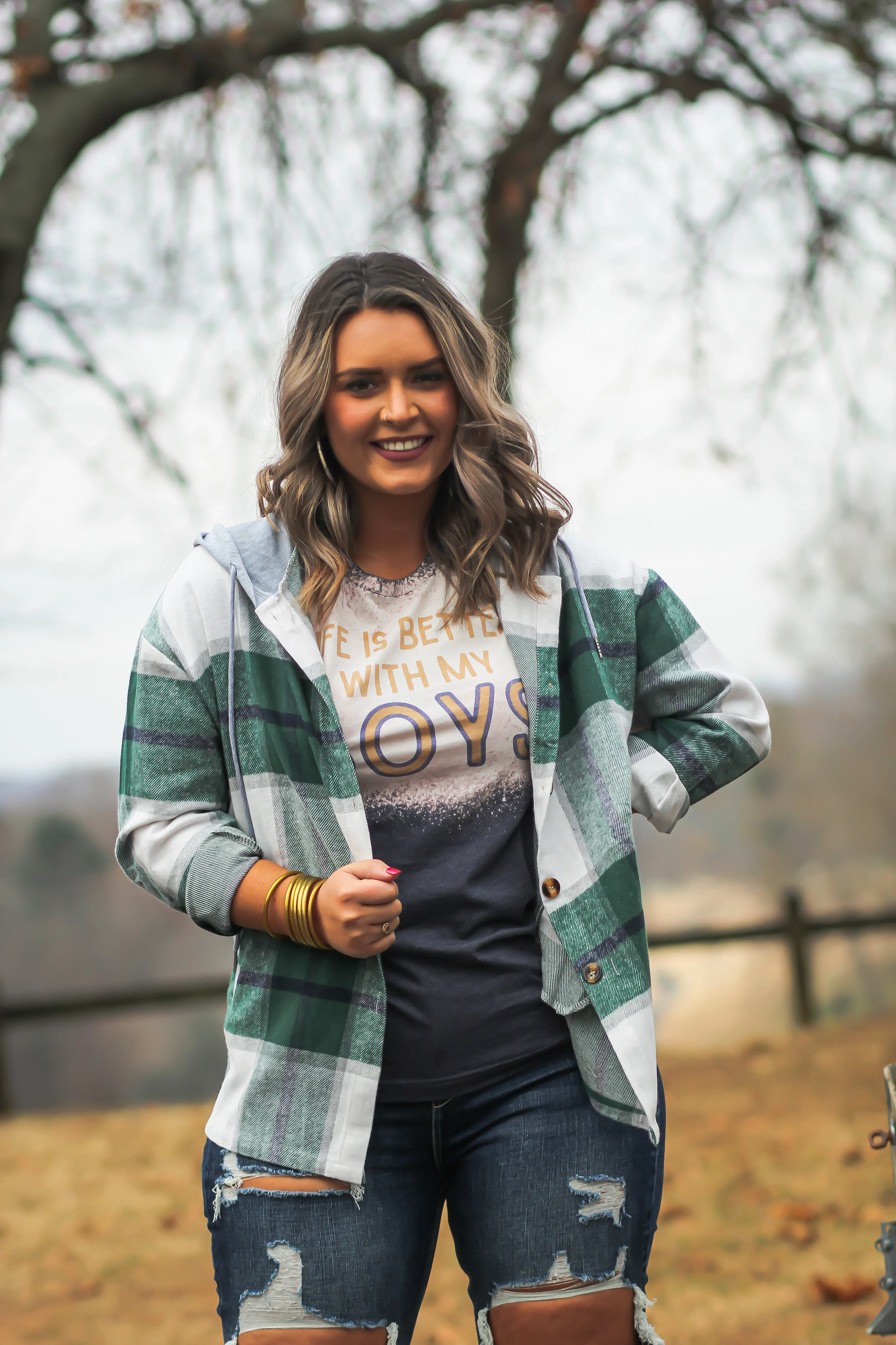 Hunter Green & Ivory Plaid Hooded Flannel