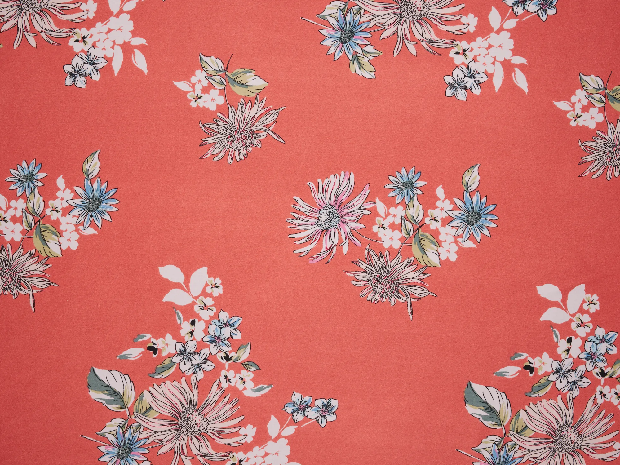 Lightweight  satin  fabric - Pink and white with blue tones    Floral    print