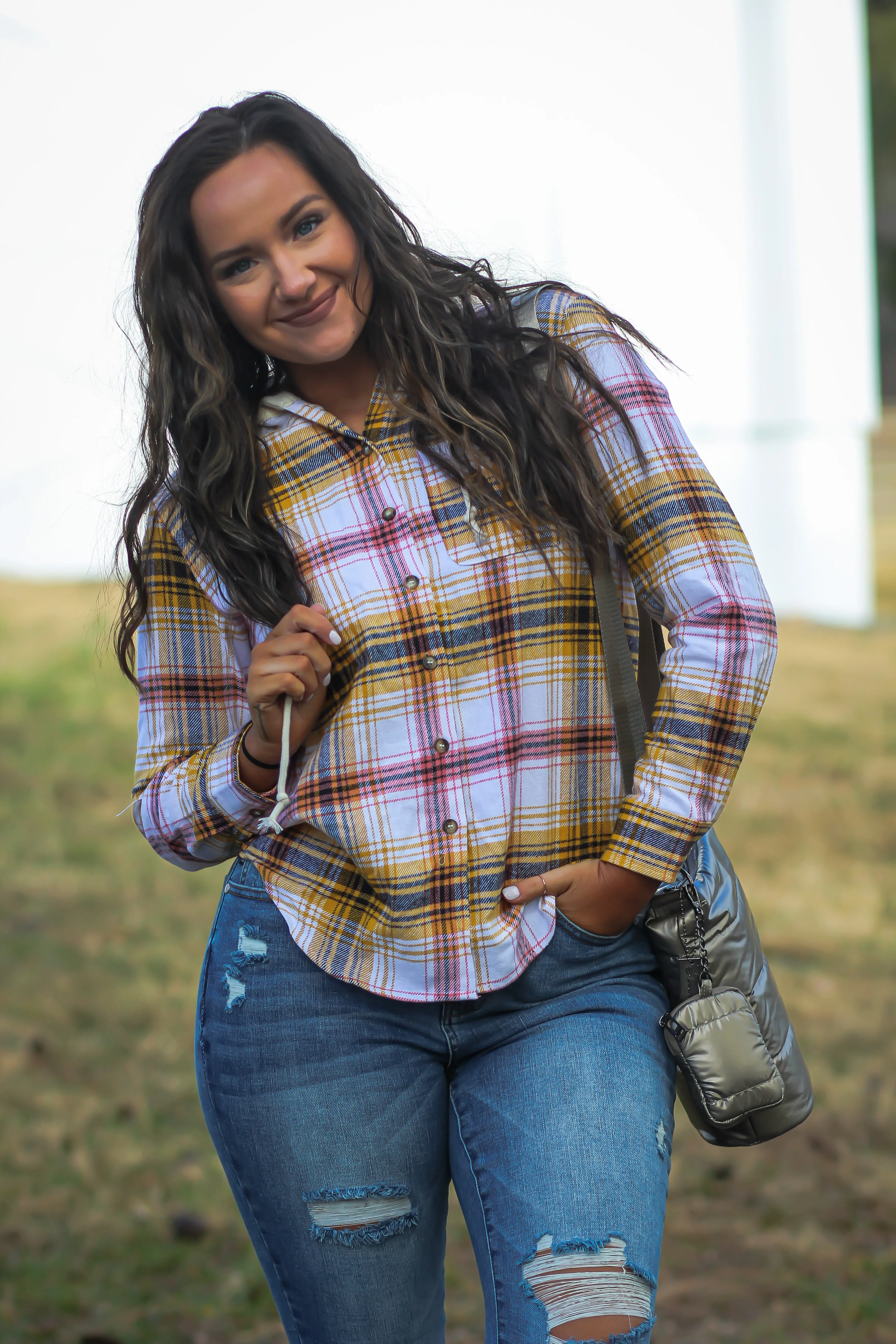 Mustard & Rose Plaid Hooded Flannel Top