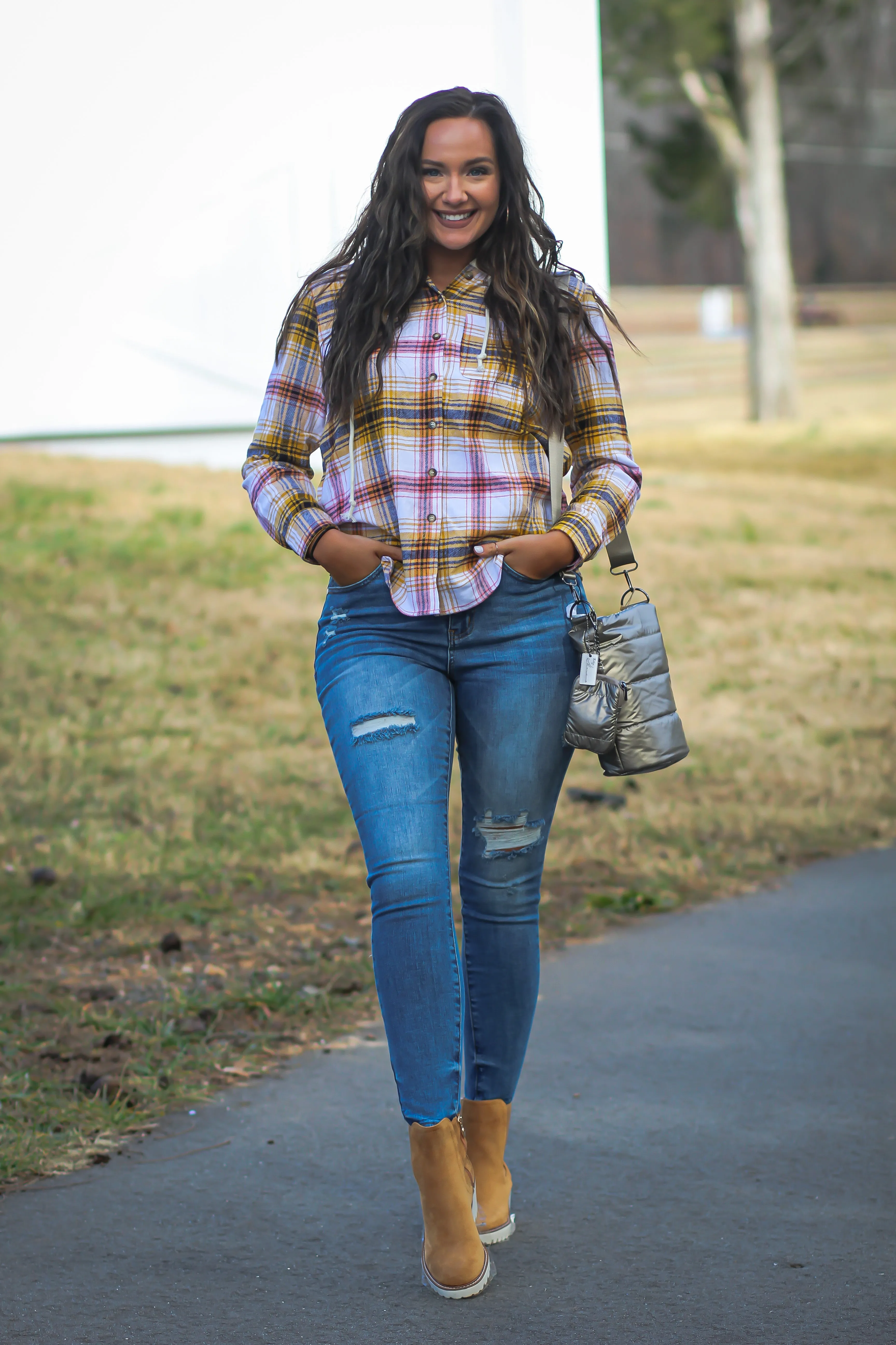 Mustard & Rose Plaid Hooded Flannel Top