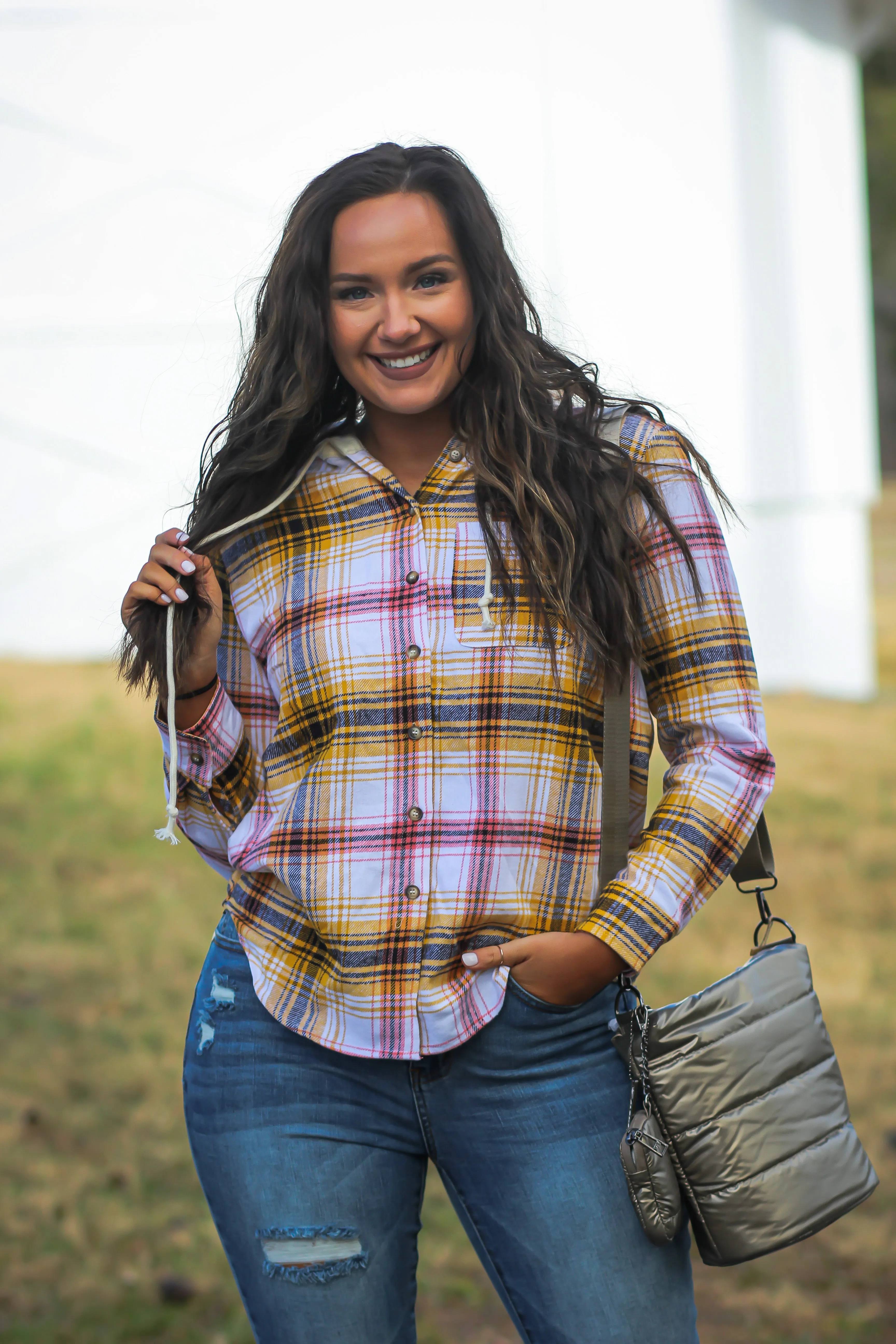 Mustard & Rose Plaid Hooded Flannel Top