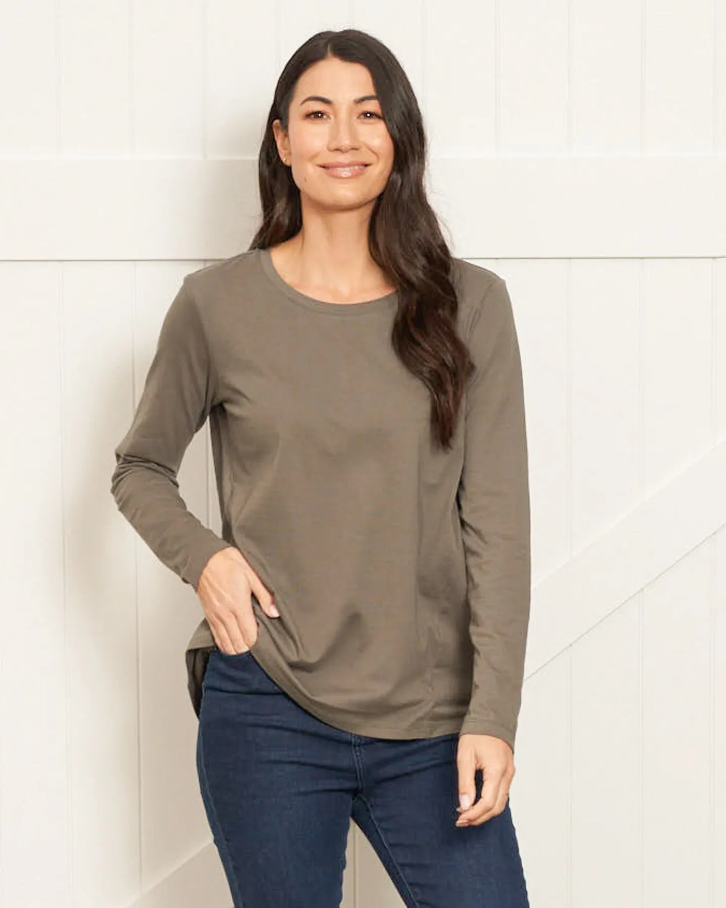 Sydney 100% Australian Cotton Relaxed Trapeze Basic Long Sleeve Tee - Ash Green