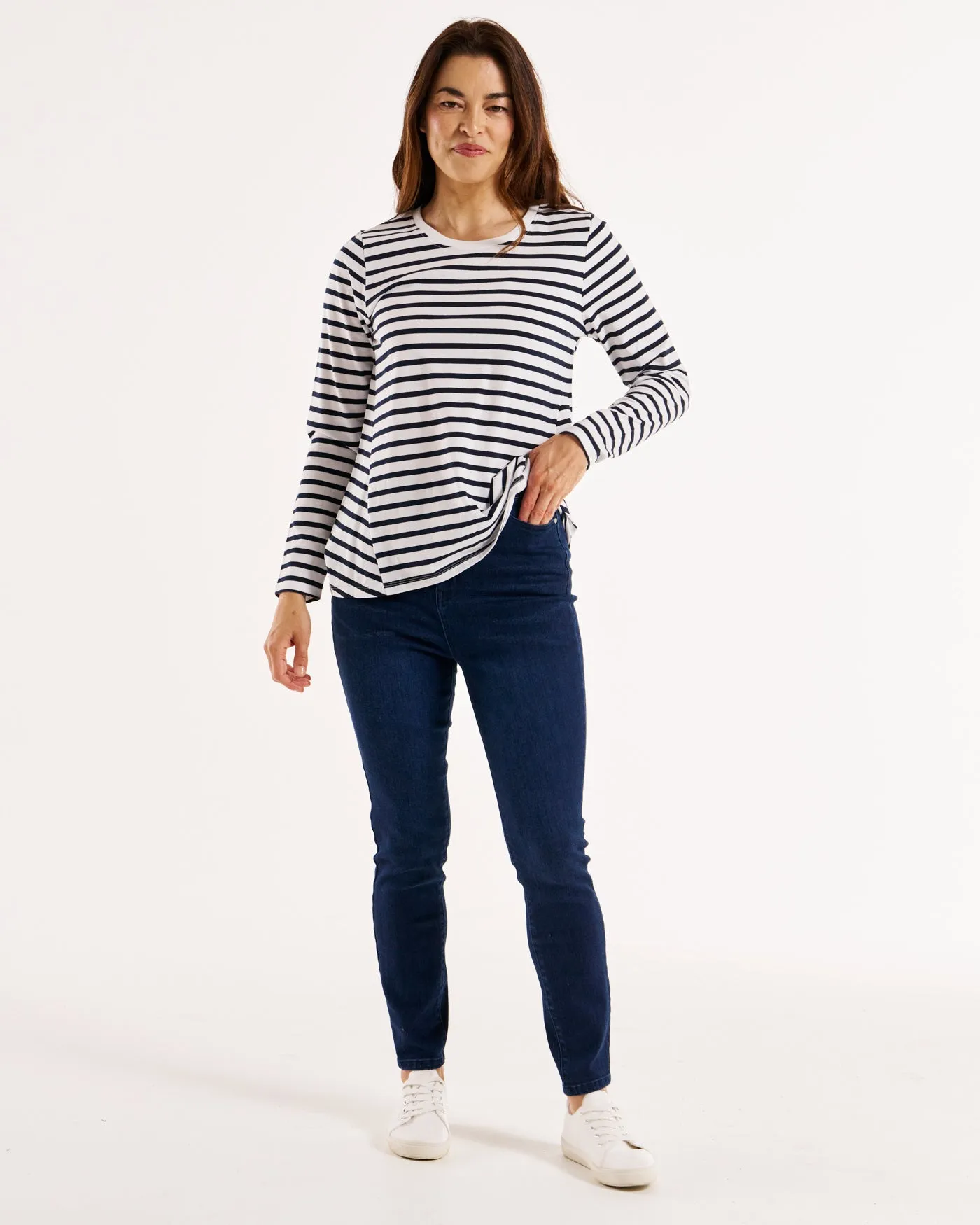 Sydney 100% Australian Cotton Relaxed Trapeze Basic Long Sleeve Tee - Blue/White Stripe