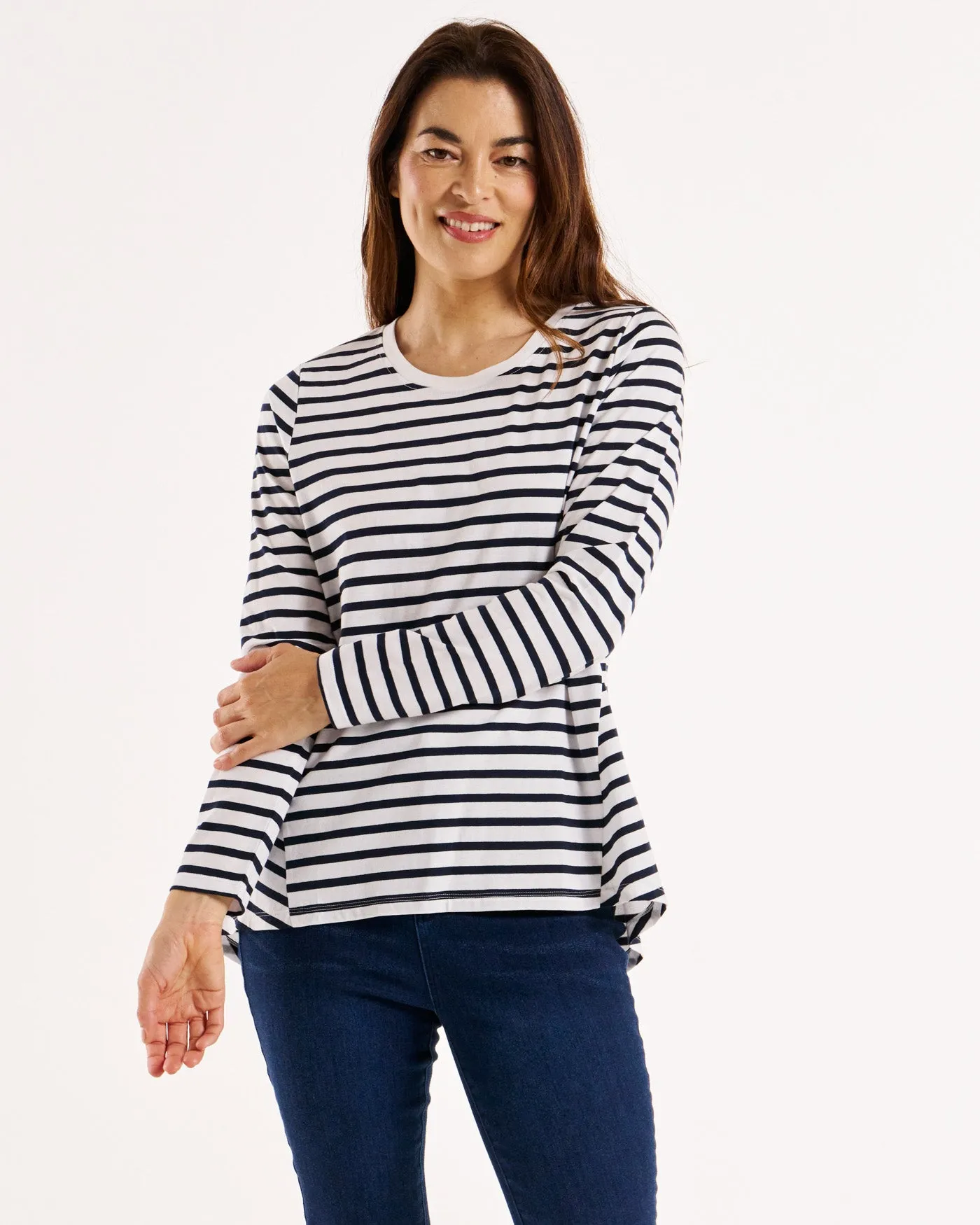 Sydney 100% Australian Cotton Relaxed Trapeze Basic Long Sleeve Tee - Blue/White Stripe