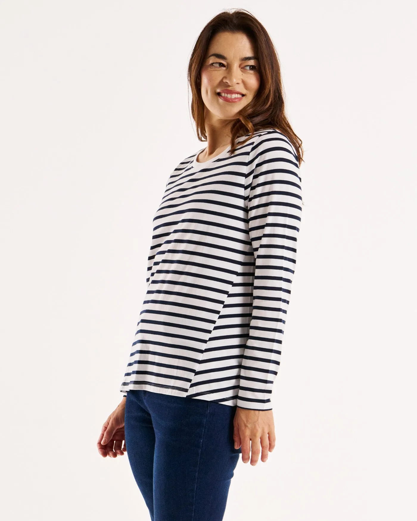 Sydney 100% Australian Cotton Relaxed Trapeze Basic Long Sleeve Tee - Blue/White Stripe