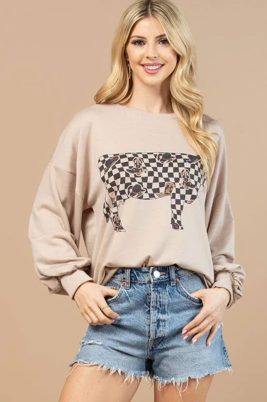 VIVI COW CHECKERS GRAPHIC SWEATSHIRT: Khaki
