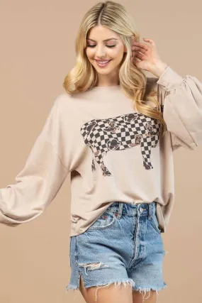 VIVI COW CHECKERS GRAPHIC SWEATSHIRT: Khaki