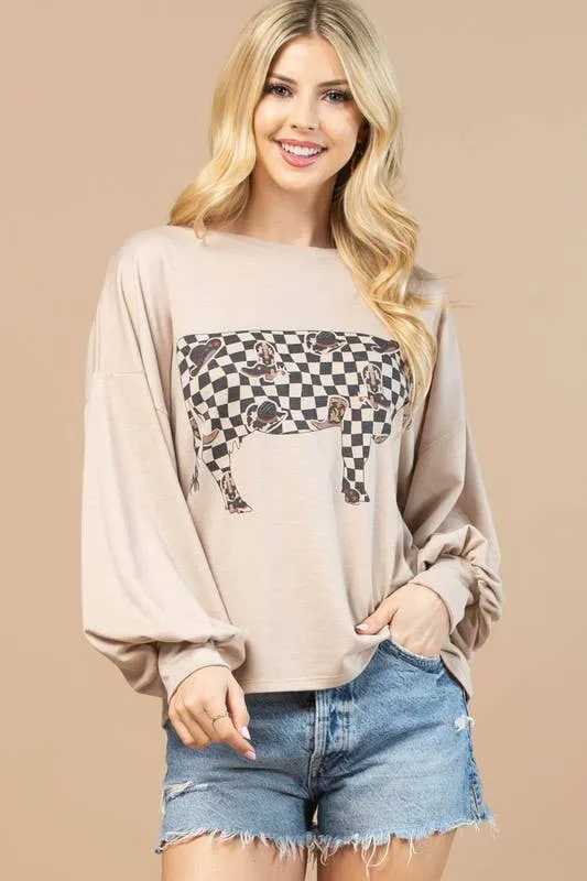 VIVI COW CHECKERS GRAPHIC SWEATSHIRT: Khaki