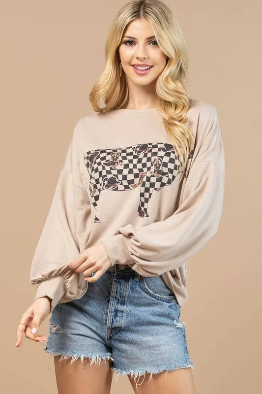 VIVI COW CHECKERS GRAPHIC SWEATSHIRT: Khaki