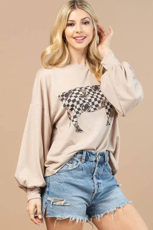 VIVI COW CHECKERS GRAPHIC SWEATSHIRT: Khaki