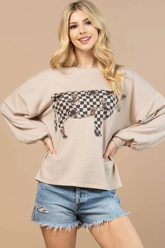 VIVI COW CHECKERS GRAPHIC SWEATSHIRT: Khaki